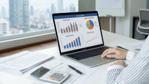 Kannettava tietokone, jossa talouslukuja