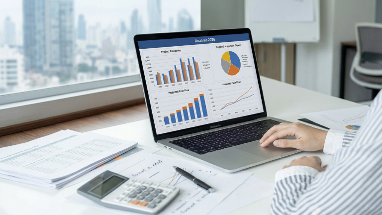 Kannettava tietokone, jossa talouslukuja